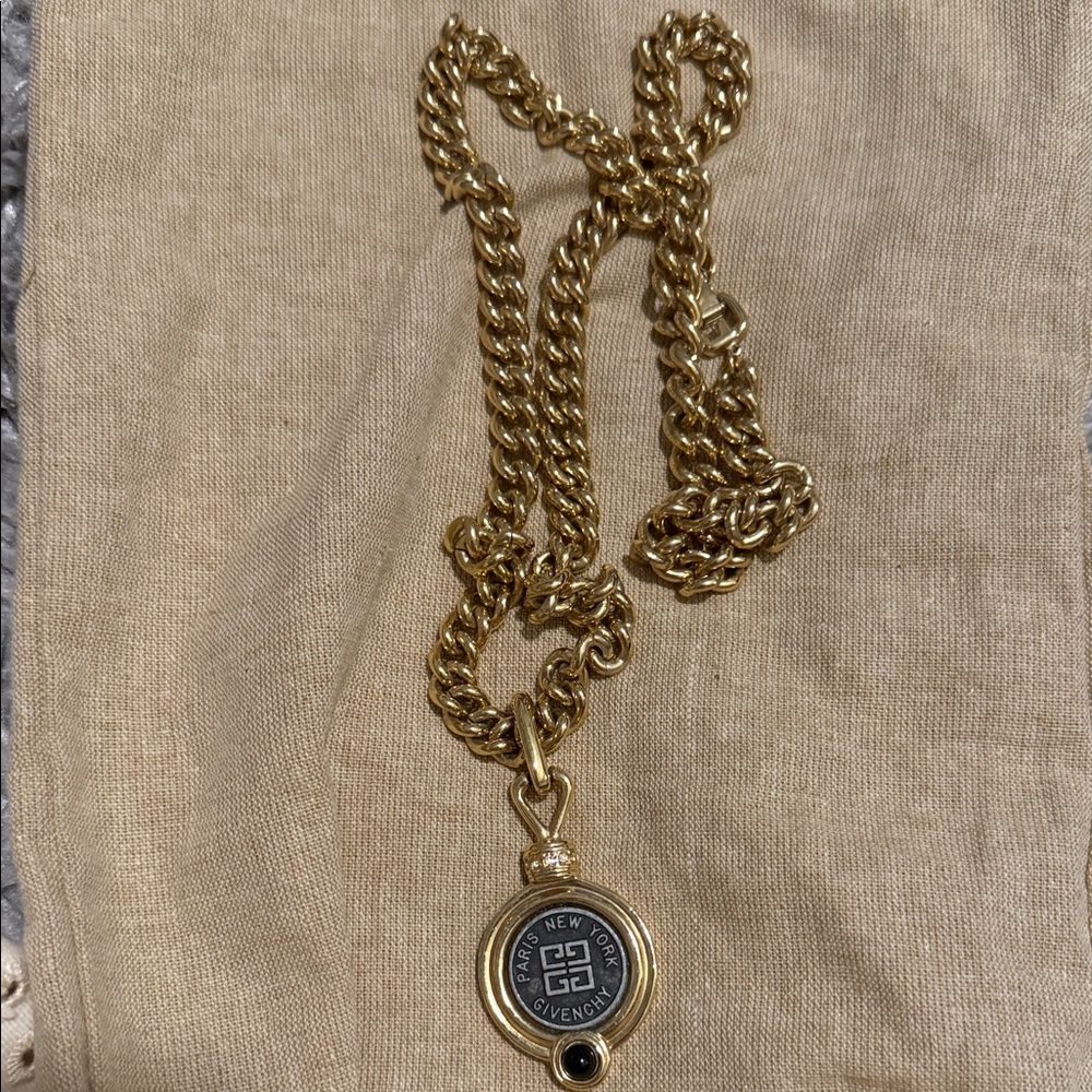 Givenchy Gold Chain Necklace with Black Medallion